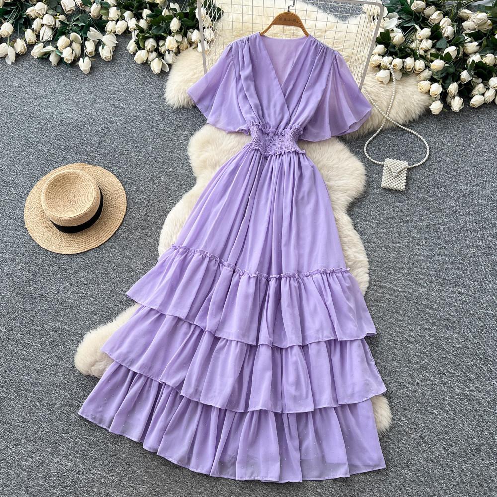 French V-neck red polka dot temperament dress women's summer waist and thin A-shaped cake dress dopamine style