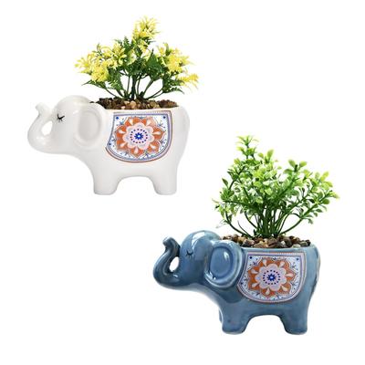 Blumenkaktus-Sukkulenten-Topf, kleine Pflanze, Fensterdekoration, Elefanten-Topf, Pflanzgefäß, Keramik, Deckel, Zimmerpflanze, Topf, Dekoration, (Weiß Blau)