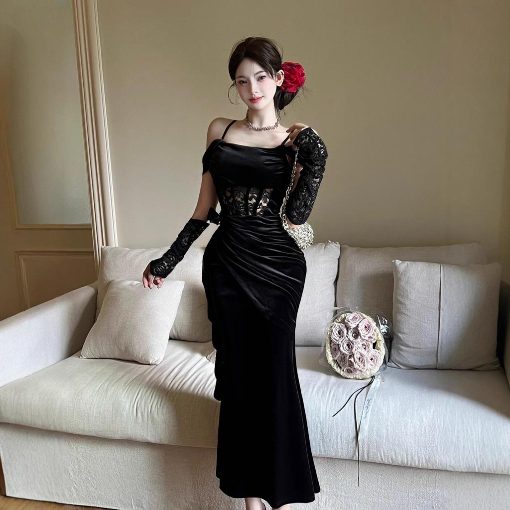 Sexy temperament black dress women's autumn new lace splicing one-word shoulder pleats slim-fitting long skirt women
