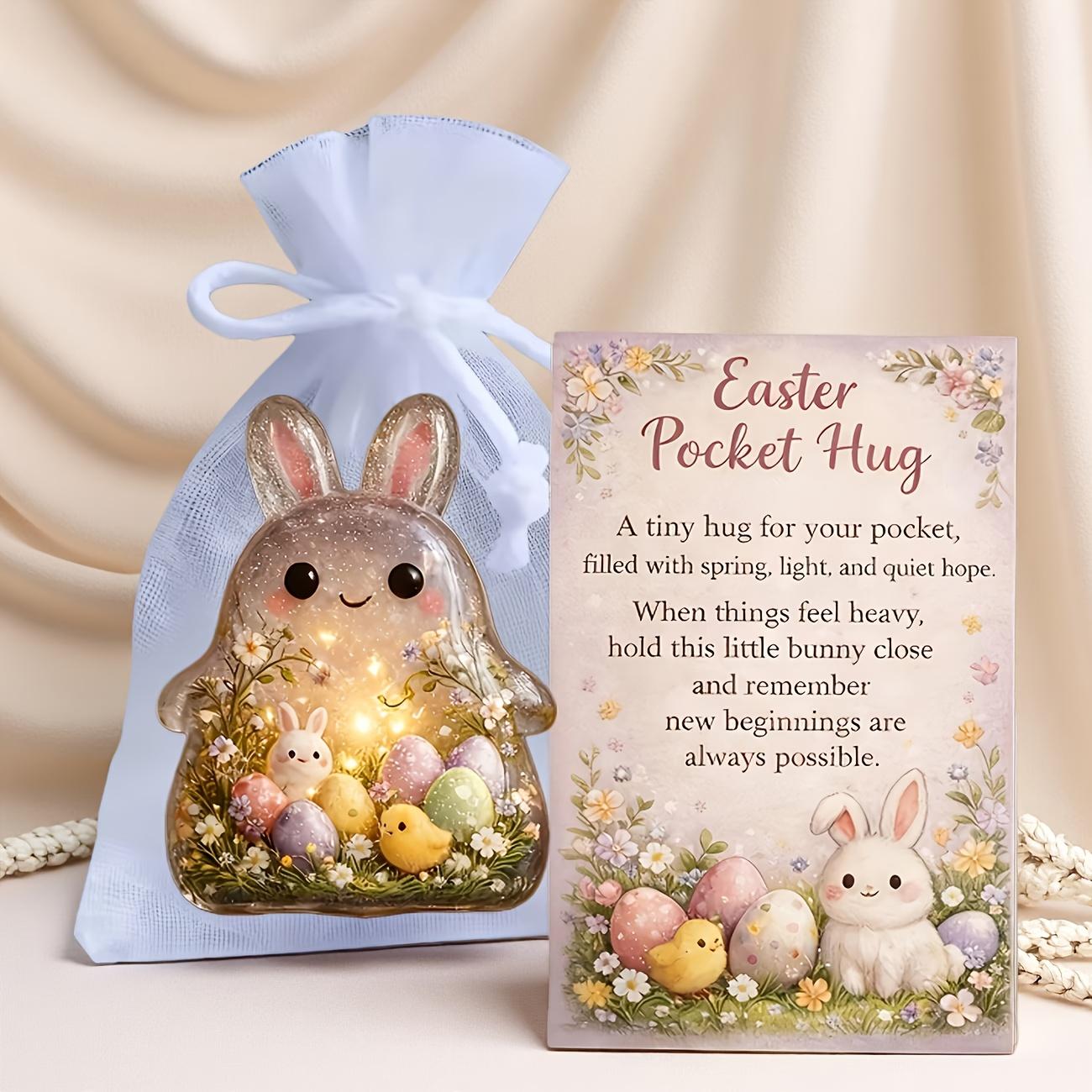 

Easter Bunny Pocket Hug Statue Ornament 2D Flower Blossom Bunny Statue Comes with Encouragement Card for Easter Decor