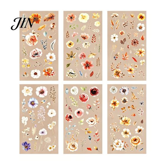 Nature Themed Stickers 6 Sheets/Set Natural Flower Scrapbook Stickers, Waterproof PVC Floral Plants Decals, Botanical Art Transparent Decorative