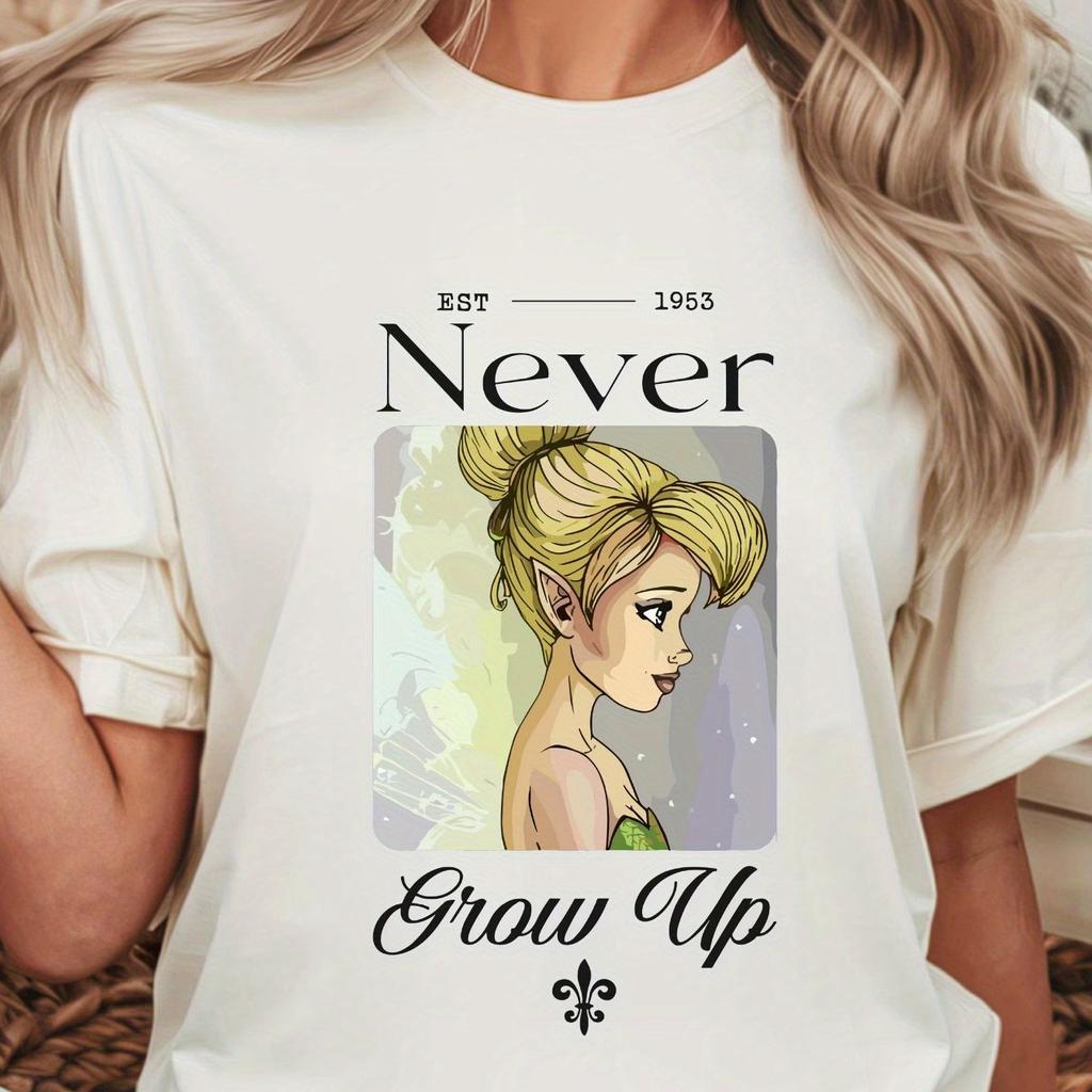 Ladies   Tinker Bell Never Grows Up Tshirt Four Seasons Pure Cotton Casual Fashion Unisexs and Womens Street Wear
