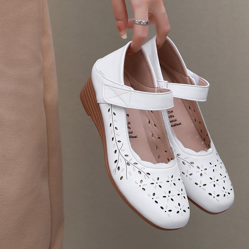 Mode GKTINOO 2025 Keilabsatzschuhe Sandalen aus echtem Leder Sommer Hohle Damen Sandalen Komfort Weiche Freizeitsandalen Große Größe