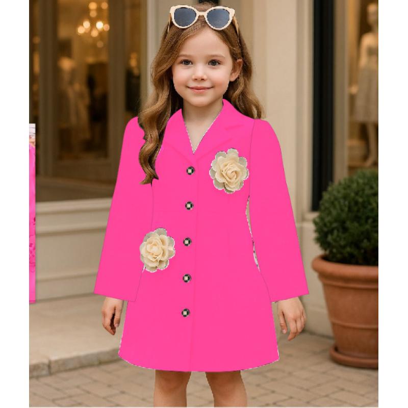 Girls Fashion Suit Collar Dress Rose Pink Puff Sleeves + 3D Flowers Sweet Dress for Older Children