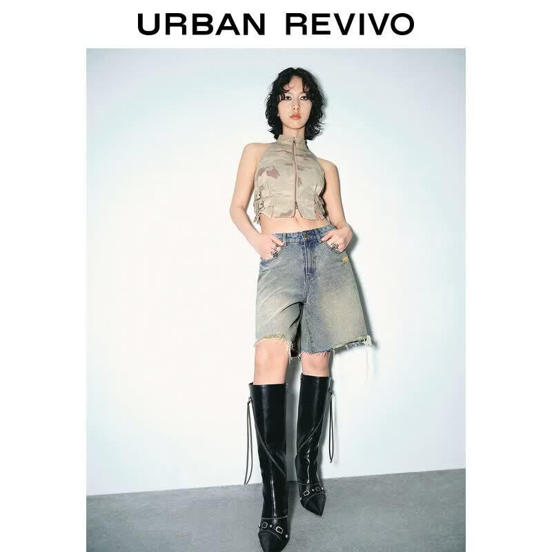 UR2026 Women s Retro Frayed Denim Shorts 25 синий
