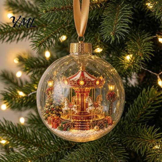 Decorative Holiday Lighted Scenes Glowing Christmas Story Ornament, Light-Up Ball with Warm LED Light, Mini Acrylic Festive Tree Baubles Scene