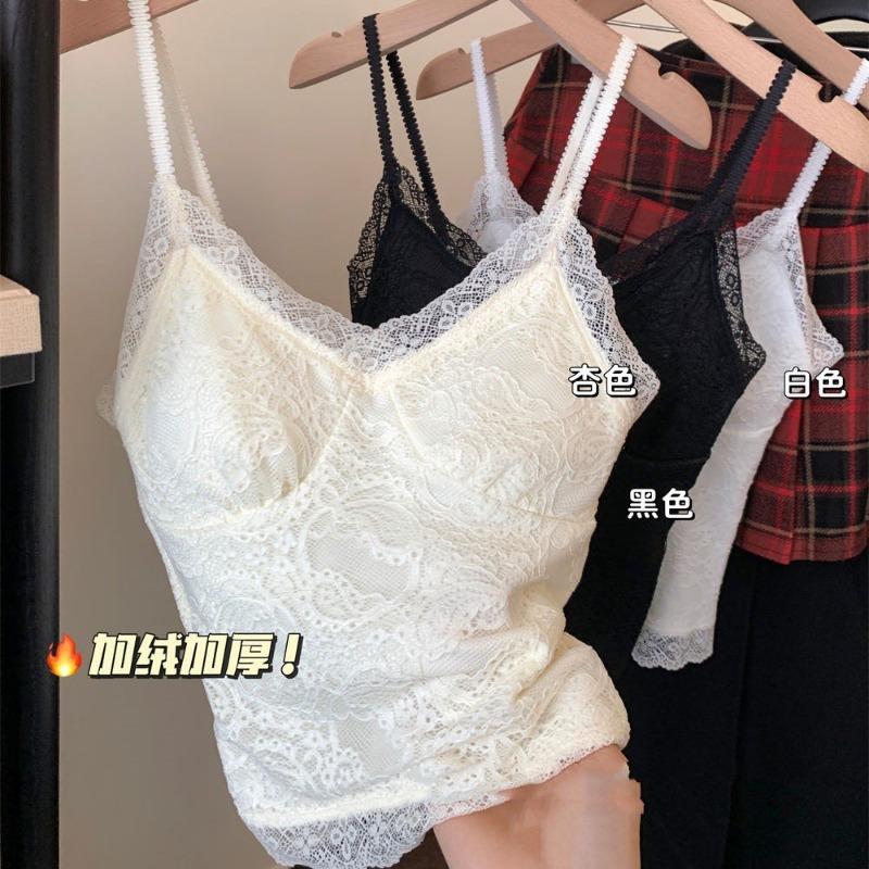 Fleece thickened thermal sling vest women's autumn and winter beauty back suit with bottoming shirt with chest pad lace top