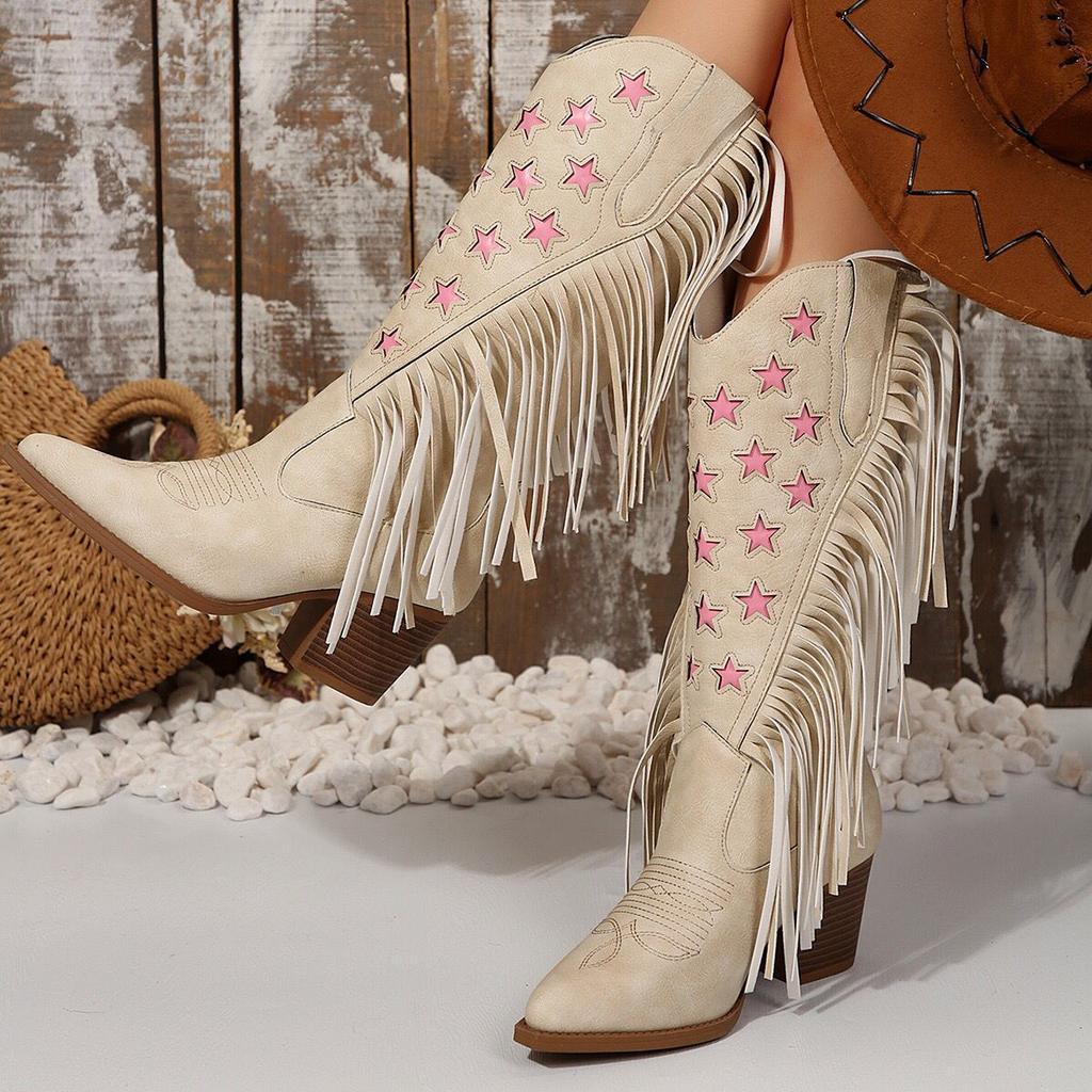 Women's autumn and winter western long boots, fringed solid color pointed-toe chunk-heeled high-heeled fashion boots long boots