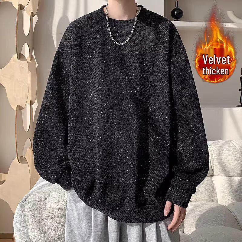 Men's Velvet Chenille Stripe Hoodie, Autumn/Winter, Warm Round Neck, Trendy American Style Pullover.