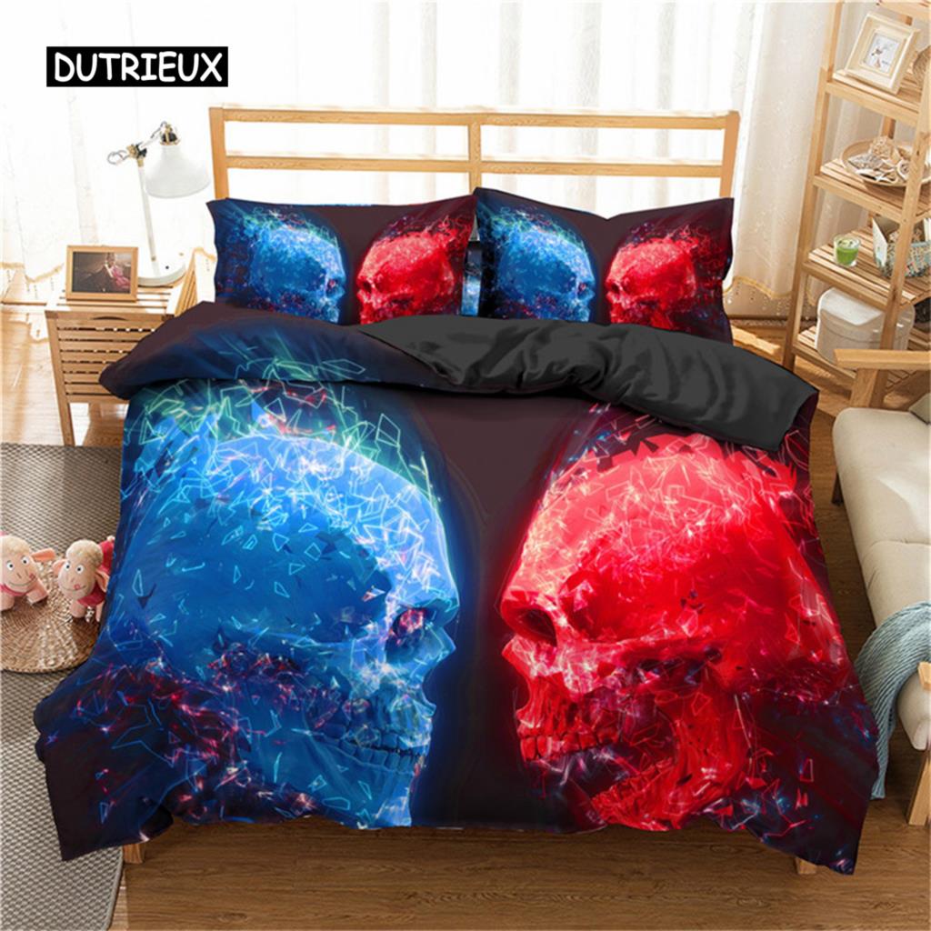Sugar Skull King Queen Duvet Cover Cartoon Skeleton Blue Car Bedding Set for Teens Adults Halloween Day of The Dead Quilt Cover
