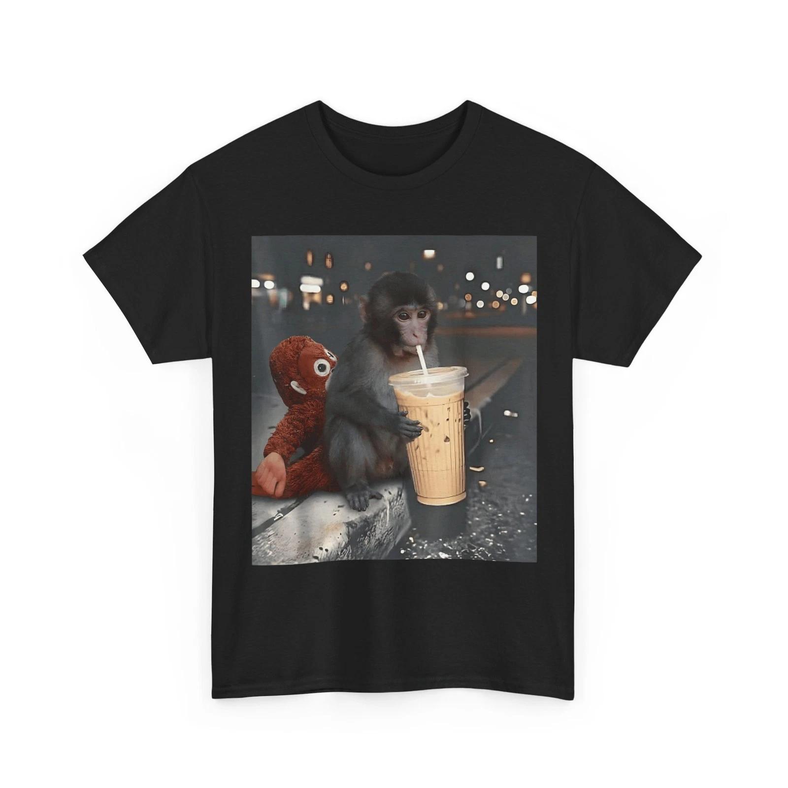 Cute Baby Monkey Punch Sipping Iced Coffee Cold Brew T shirt XL
