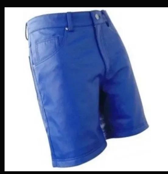 Men's Pants Lambskin Leather Sports Blue Boxer With Pocket Gym Short Genuine