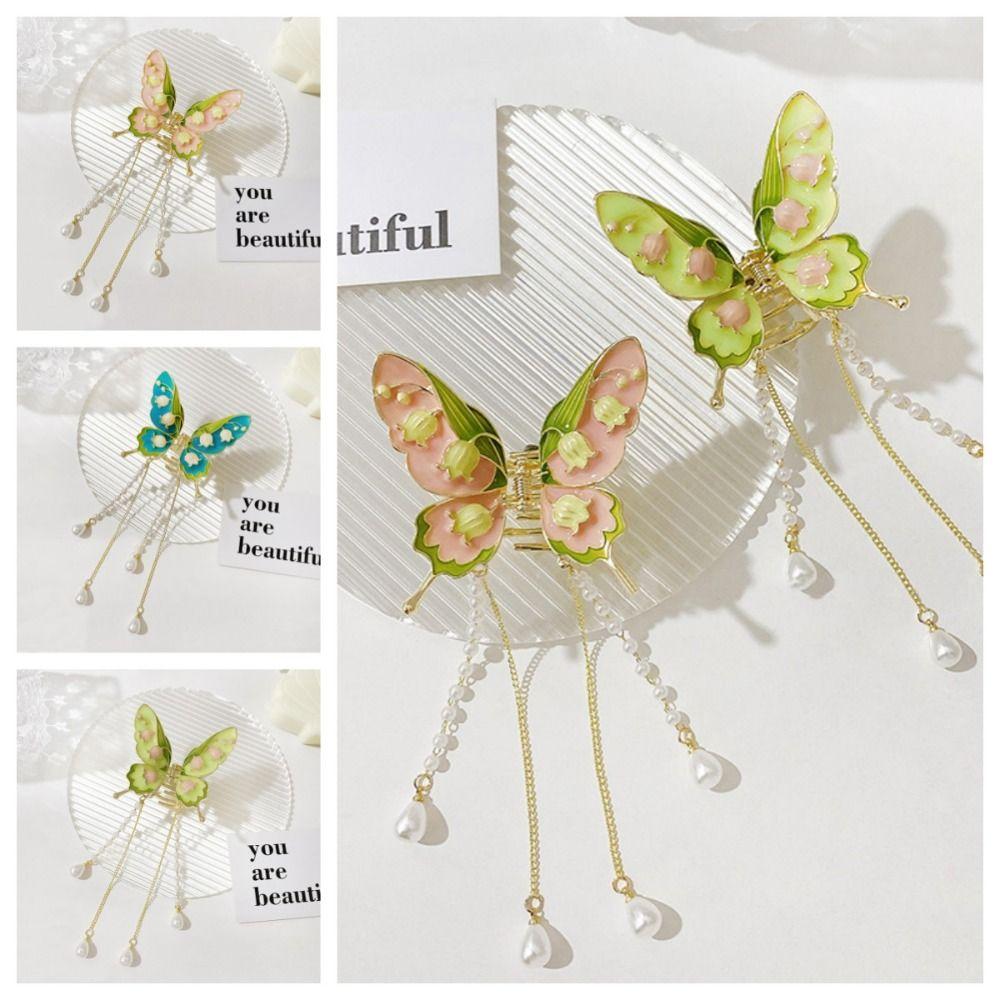 

Enamel Butterfly Jewelry Convallaria Orchid Pearl Tassel Hair Claw Vintage Women синий