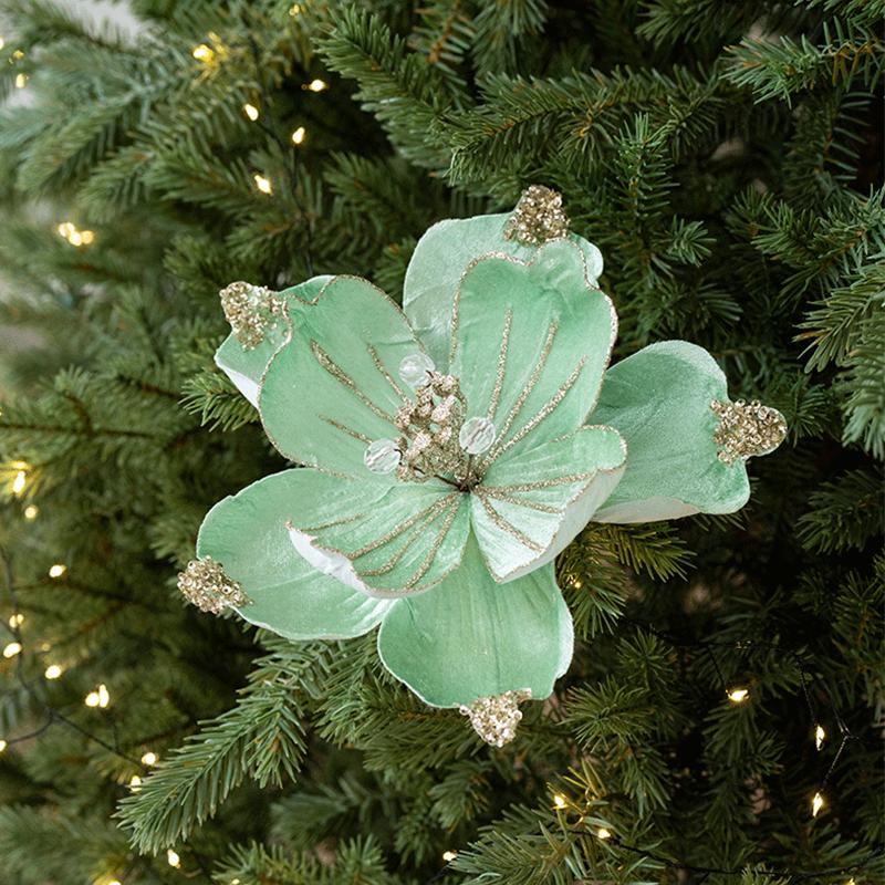 22CM Glitter Accents Flower Floral Decor Eco-Friendly Fabric Reusable Fabric Elegant Simulated Christmas Flowers Holiday Staging