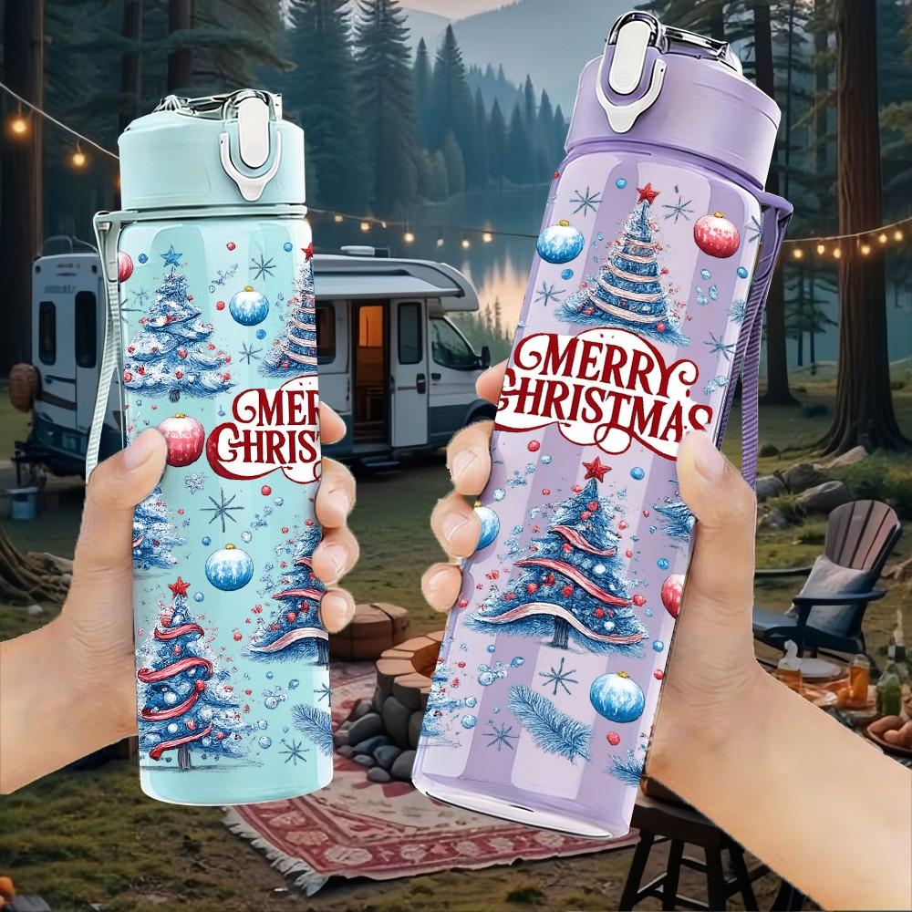 1PC Blue Snow Pine Christmas Tree 750ml Color Plastic Sports Water Bottle Leakproof Flip Straw Lid Suitable for Sports Office Home Use