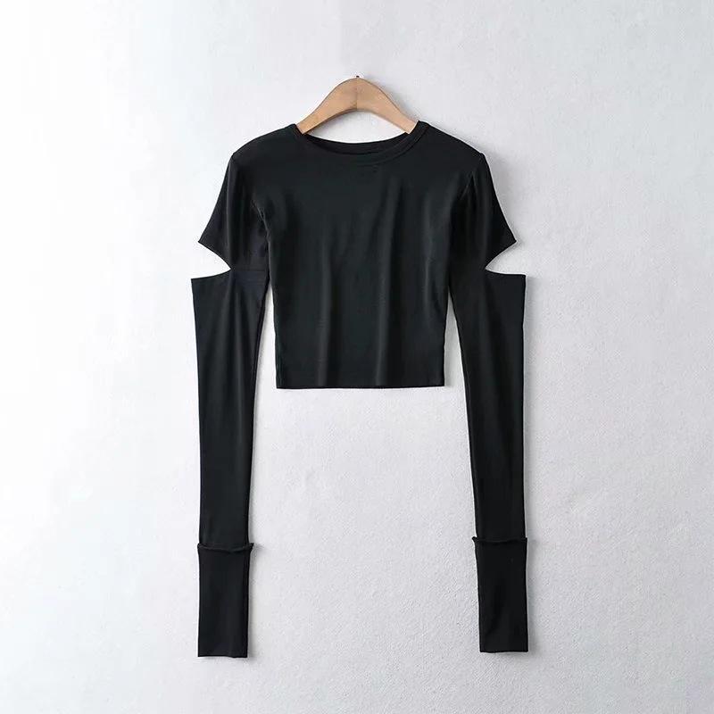 Dynamická dívka Slim Sexy Tričko s dlouhým rukávem Dámský pulovr s kulatým výstřihem Rukávy Otevřený Vysoký pas Krátký top