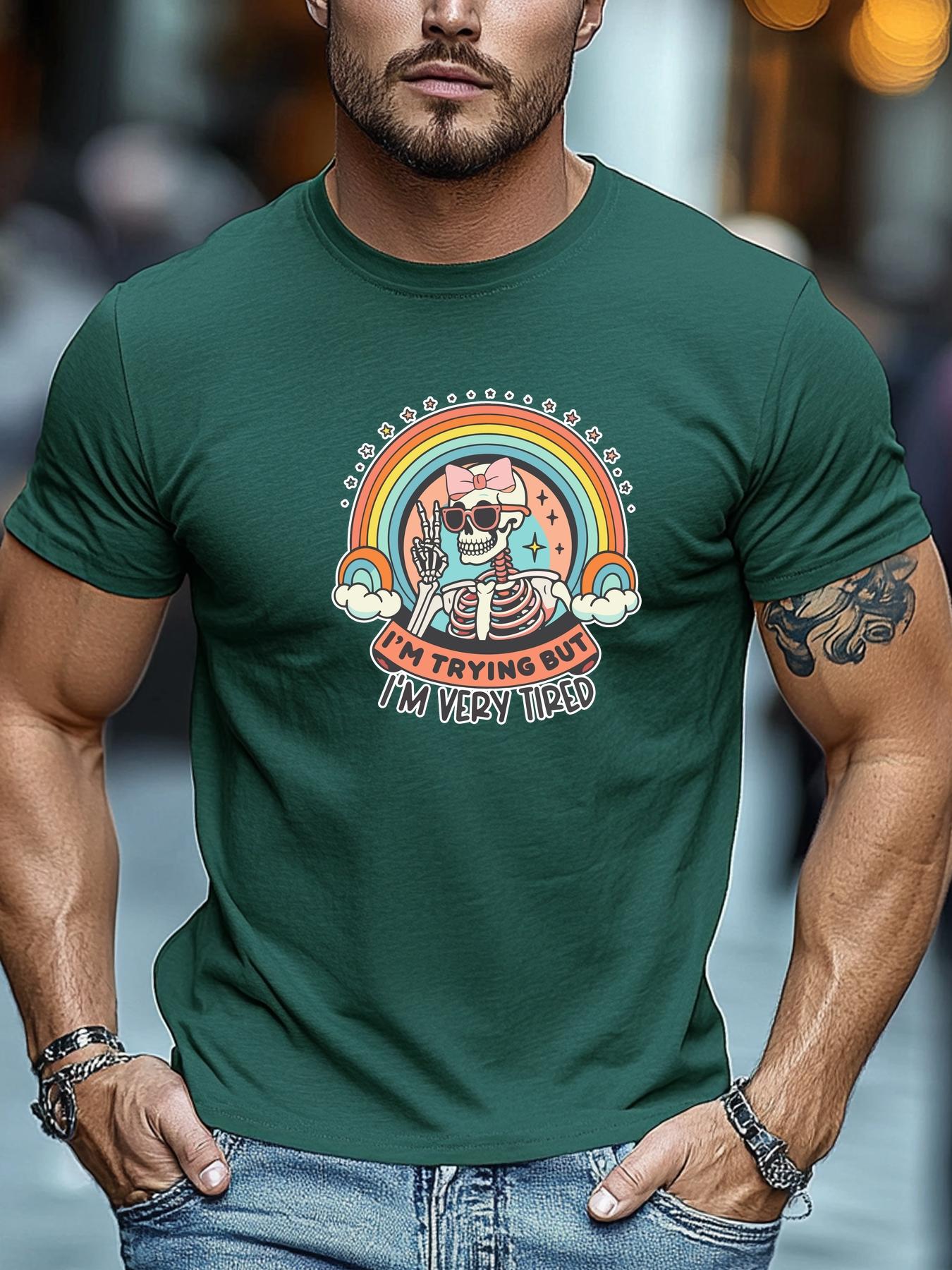 

Mens Summer Funny TShirt Tired Skeleton Rainbow Print Cotton Short Sleeve Round Neck Soft Oversized Humorous Daily Wear 4XL