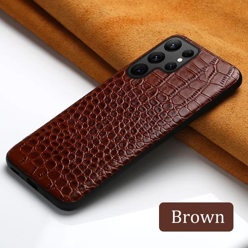 

LANGSIDI Genuine Leather Phone Case for Samsung Galaxy S24 Ultra S23 Plus S22 Ultra Vintage Crocodile Texture Hard Back Cover S22Ultra коричневый