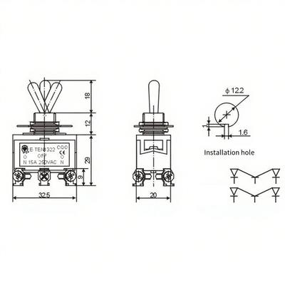 Power Control 12mm Hole Size 6 Pin Switch 3 Position Toggle Switch Appliance 3 Position Switch 250V Rated Voltage