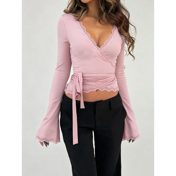 2026 New Women's Long-Sleeve T-Shirt with Lace Trim, Tie-Up V-Neck, Cropped Solid Color Top
