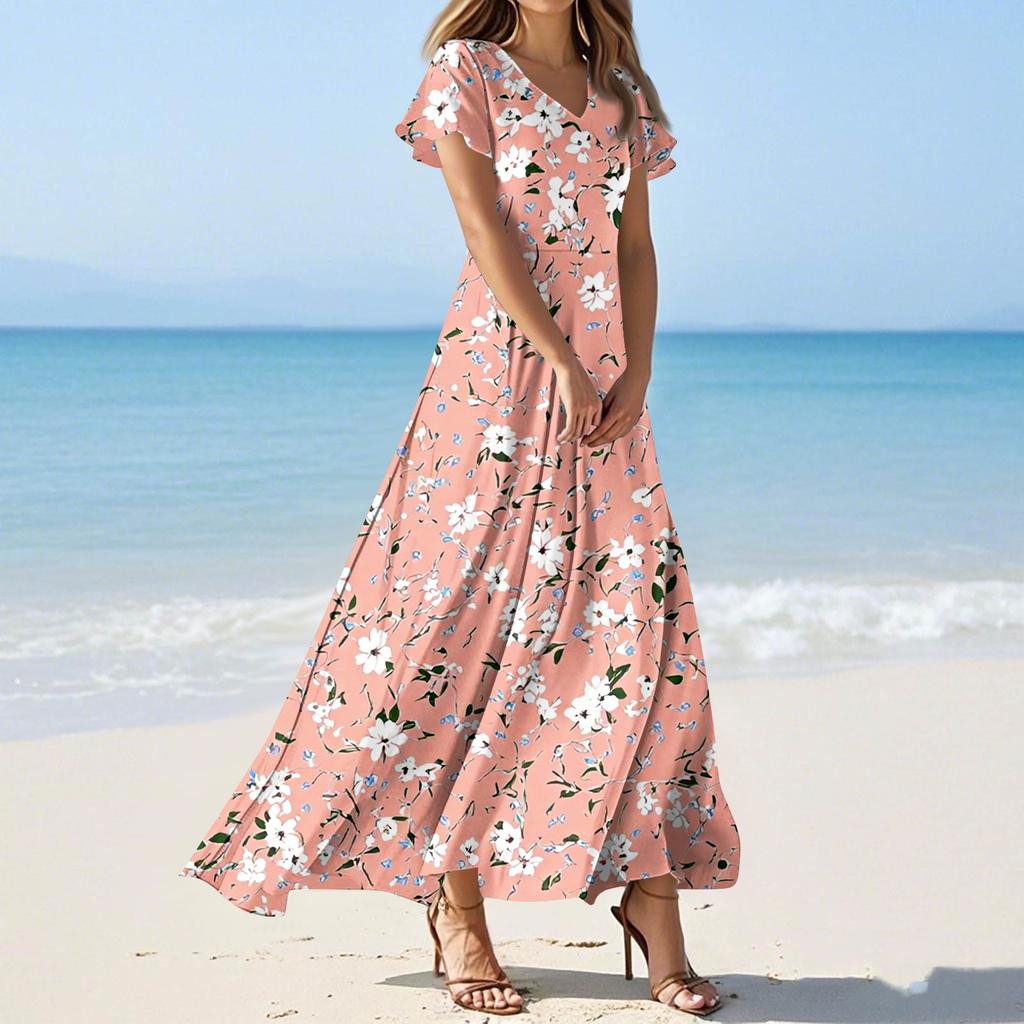 Women's Summer Casual Fashion Print Color Dresses V-Neck Short Sleeve Dresses
