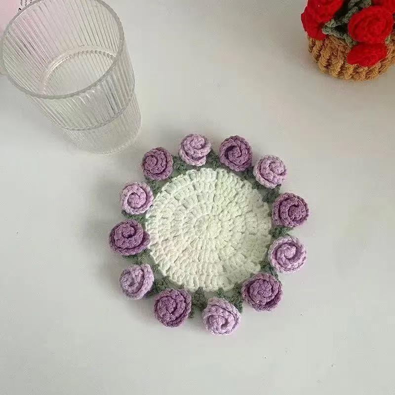 Diy Rose Bouquet Coaster Material Kit Handmade Crochet Flower Placemat Cupmat Home Desktop Potted Plant Ornaments Gift