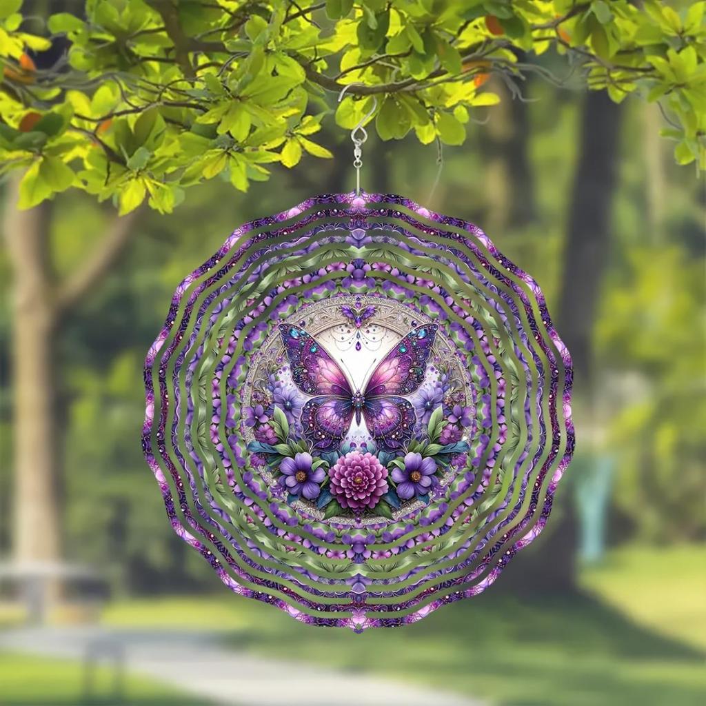 10-Inch Purple Butterfly Wind Spinner - 2D Laser-Cut Metal Garden Art with Geometric Design, 360° Rotating Hook for Indoor/Outdoor Decor