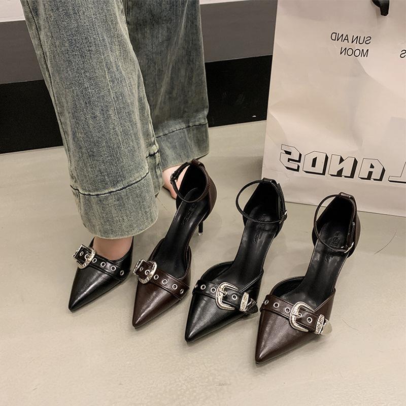 Pantofi fini cu toc înalt, cu vârf ascuțit și gură joasă, sexy, cu gură închisă, eleganți, confortabili, sandale de plajă, curea ajustabilă