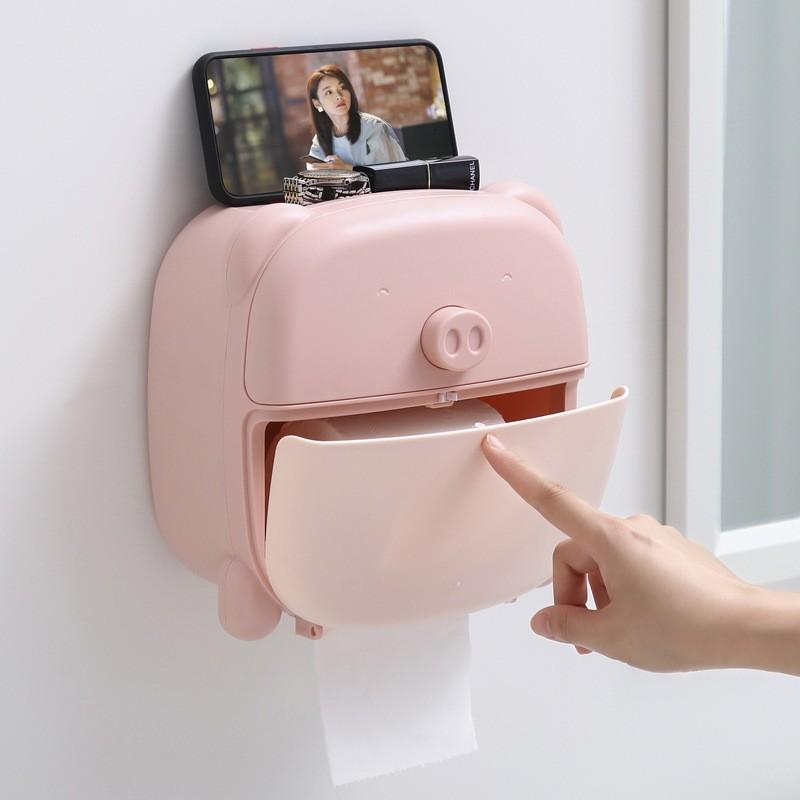 Pink Pig Bear Wall Mount Tissue Organizer With Nodrill Installation For Home Use And Gifting