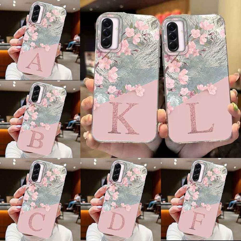 Couple Letter A Z Phone Cases For Samsung Galaxy A56 A36 A16 Tpu Cover Pink Flowers Silicone Clear Shell Soft Back Fundas Bumper