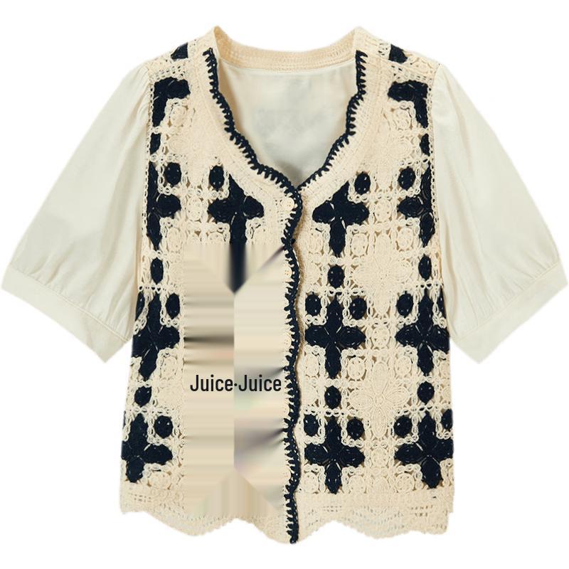Aijutu Women s Ethnic Crochet V-neck Short Sleeve Shirt L