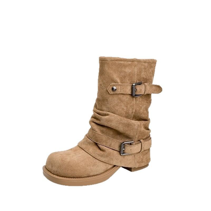 Soft leather version! Thick heel pleated pile booties women's autumn and winter Maillard vintage western trousers Martin boots