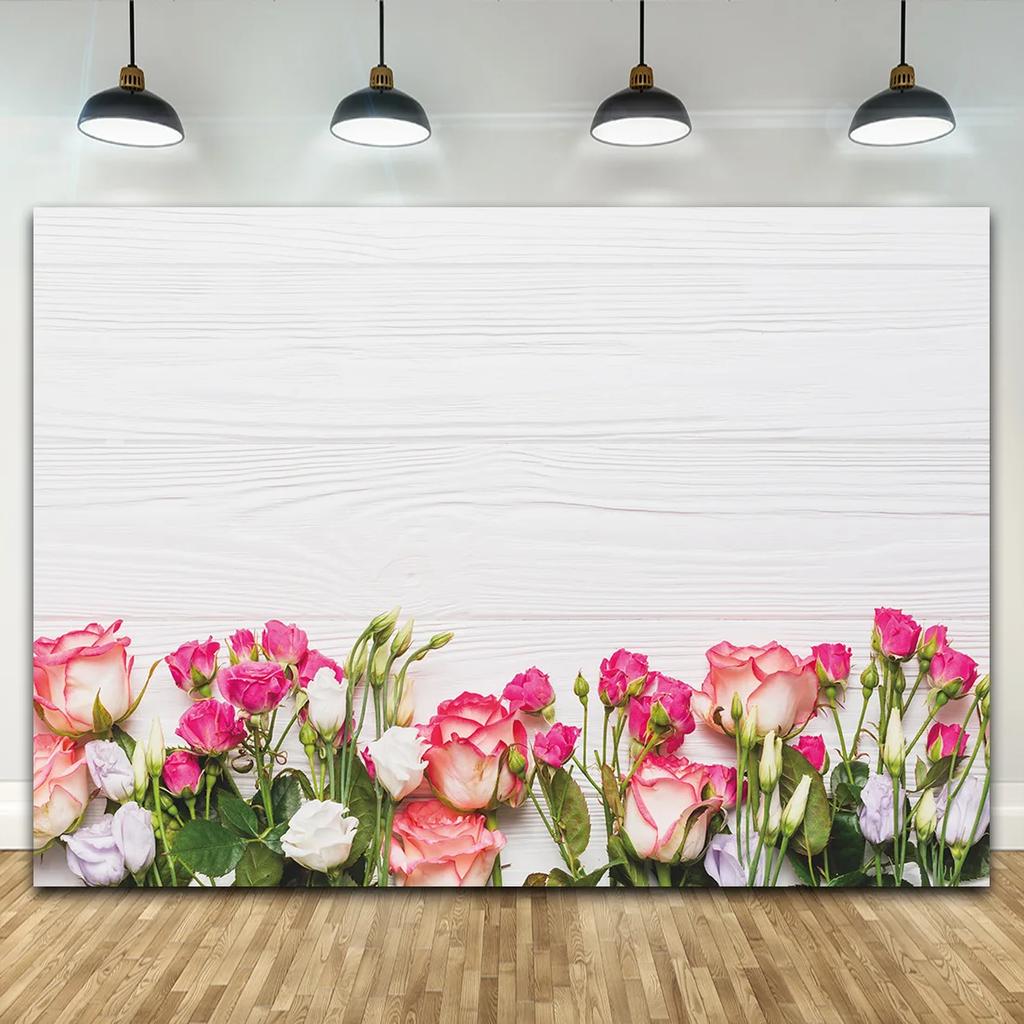 Flowers Wooden Plank Photography Backdrop Wood Floor Petals Photo Background for Baby Food Cake Products Photocall Photophone