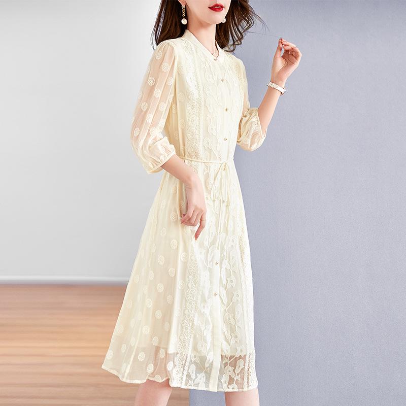 Women's Summer 2025 Slim Waist Embroidered Mulberry Silk Dress - Mid-Sleeve, Plus Size