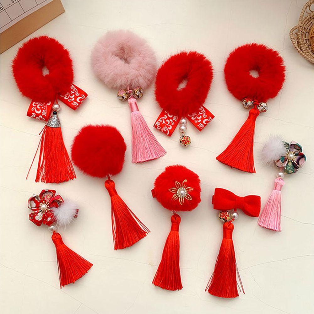 Bowknot Tassel Girls Children's Headwear Plush Hair Rope Duckbill Clip New Year Hair Accessories