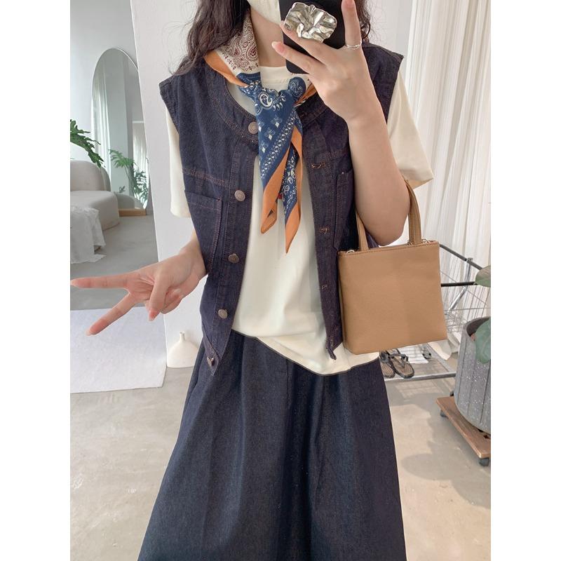 Frühling Herbst Vintage Rundhals Locker Lässig Denim Weste Damen Ärmellos Alleskönner Tasche Tanktop