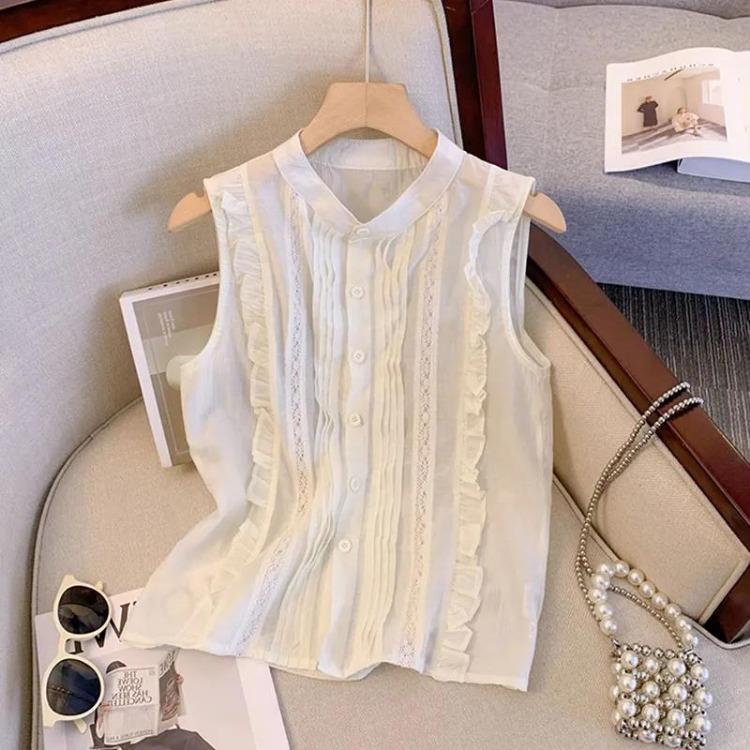 White Lace Panel Blouse Women Sleeveless Ruffle Trim Button Front Loose Fit Casual Top S