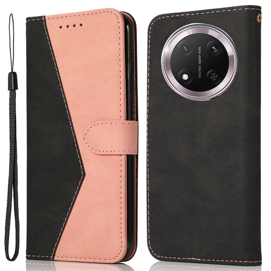 For Honor X9c 5G Case Color Splicing Wallet Stand Leather Phone Cover with Wrist Strap