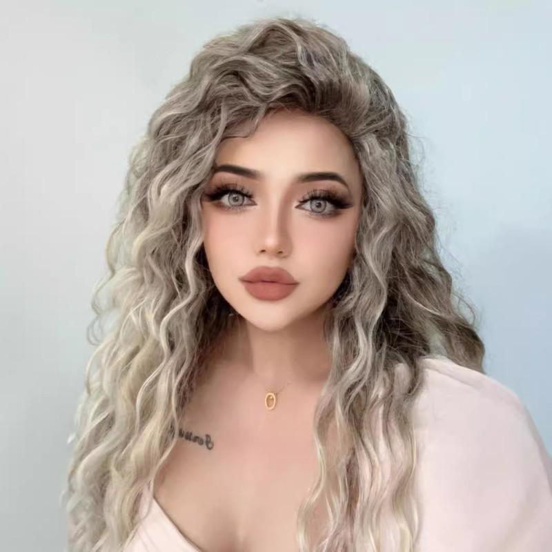 European American Wigs Women African Small Curl Long Chemical Fiber Headgear Gray Gold Partial Wig
