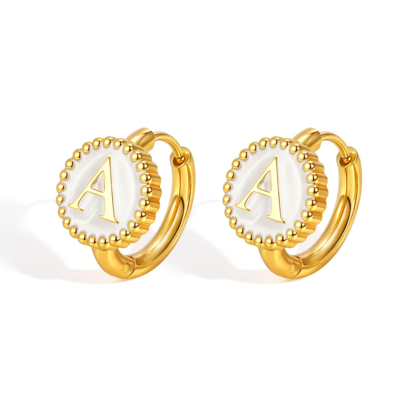 

White Enamle Initial Earrings, Letter A-Z Gold Plated Circle Huggie Hoops, Stainless Steel Hypoallergenic Jewelry