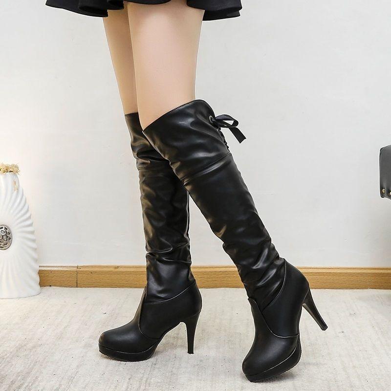 Herbst und Winter neue lange elastische Damenstiefel hoher Absatz dünner hoher Lederstiefel dünner Absatz wasserdicht Tisch Kniestiefel Reitstiefel Tide