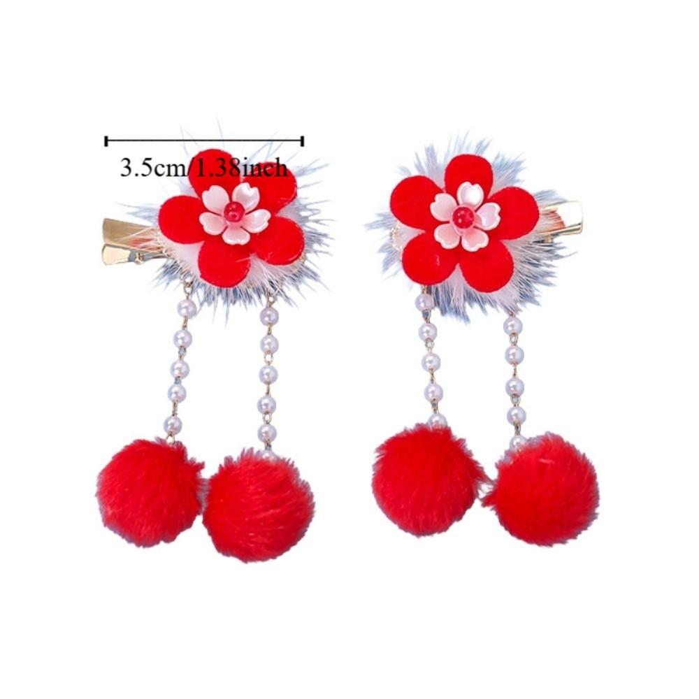 1 Paar Kinder-Haarspange Hanfu-Kopfschmuck Neujahrs-Haarnadel Tang-Anzug Süßer Chinesischer Stil Rote Haarspangen Quastenball-Haarspange