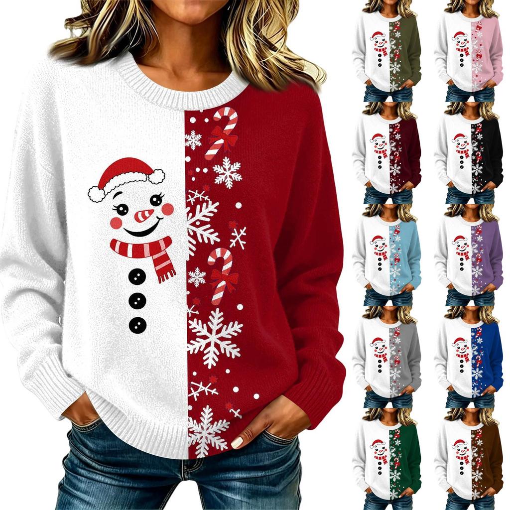 Women's Christmas Print Knit Pullover Sweater Long Sleeve Neck Casual Holiday Top
