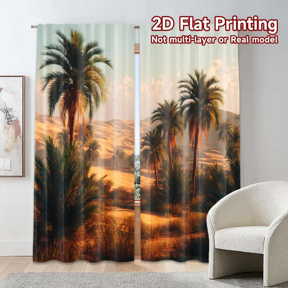 2pcs, 2D FLAT PRINTING Curtains (Without Rod) Desert Oasis Print Chic Curtains Versatile Polyester Curtains Outdoor Decorations