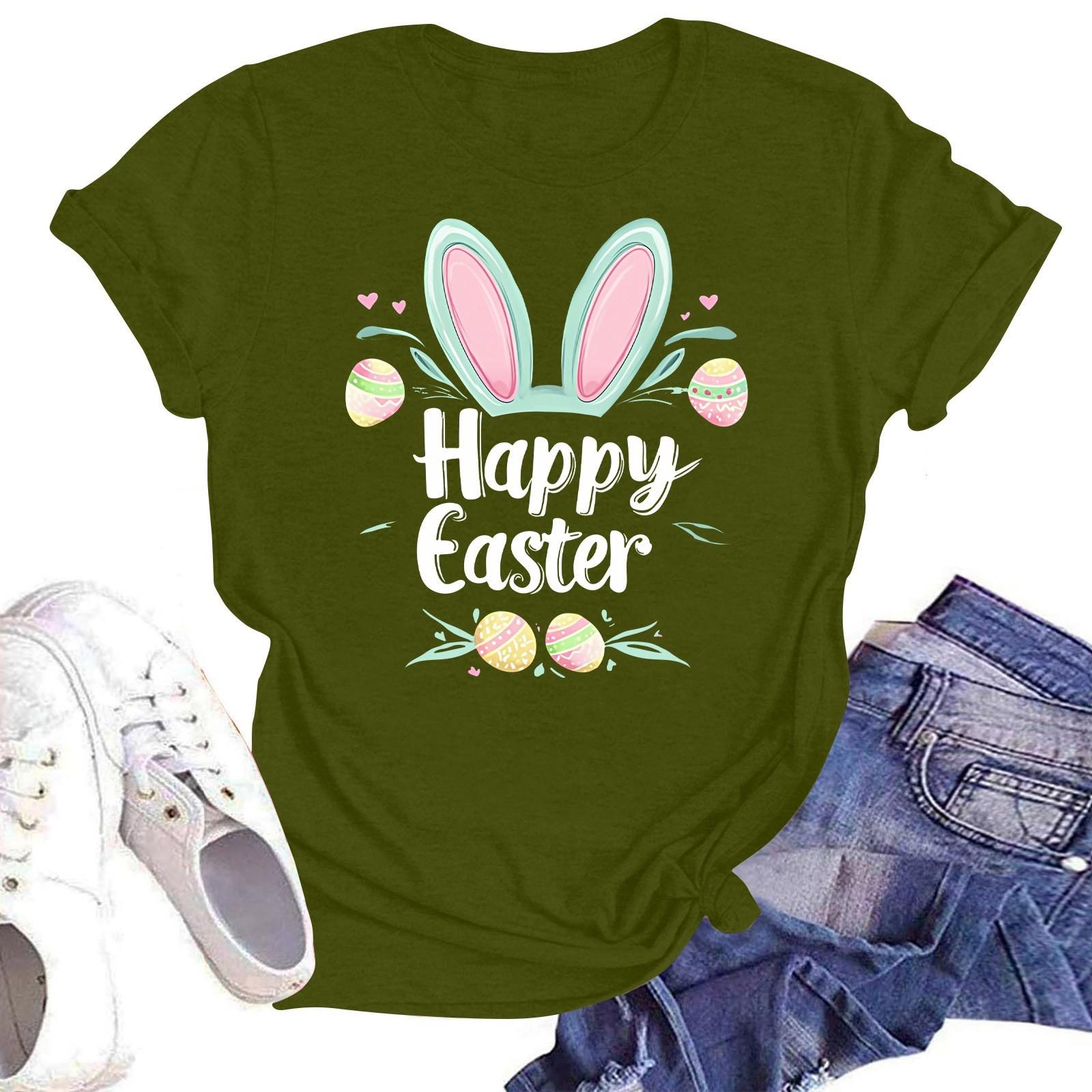 

Счастливой Пасхи женская мода принтованный круглый вырез короткий рукав футболка пуловер топ L армия зеленый