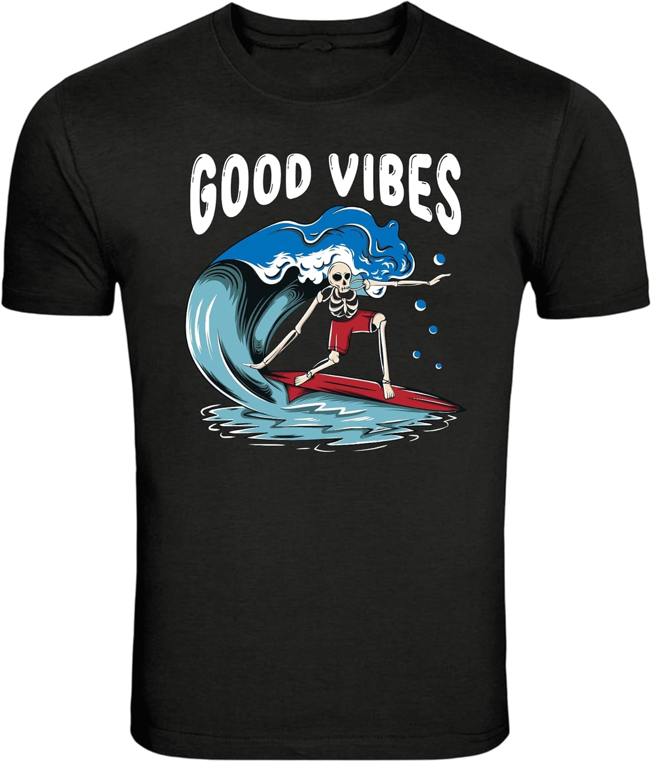Good Vibes Skeleton Surfing Wave Graphic T-Shirt S
