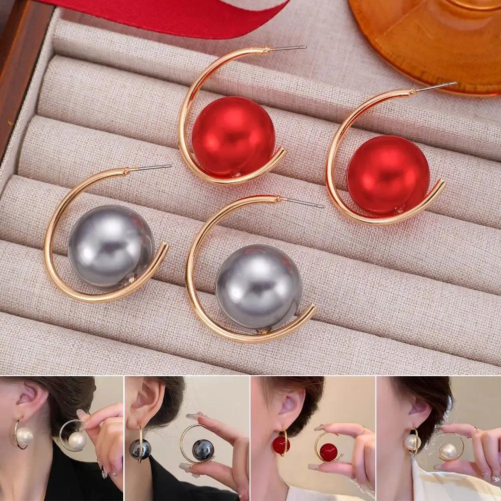 Fashion Imitation Pearl+Iron Imitation Pearl Earrings Exaggerated Geometric Charms Dangler Ear Studs Women Girls