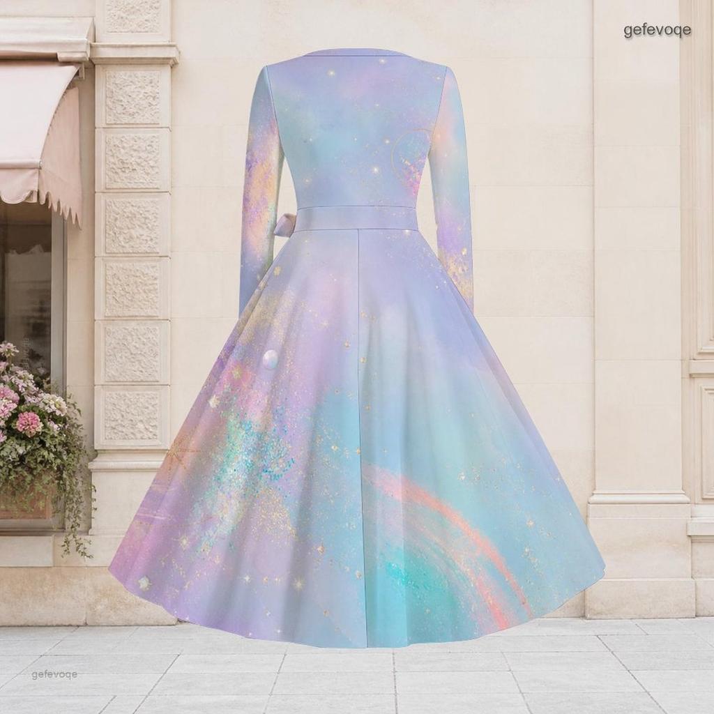 Women Plus Size V Neck Long Sleeve Printed Pastel Galaxy Tie Waist A Line Flared Dress