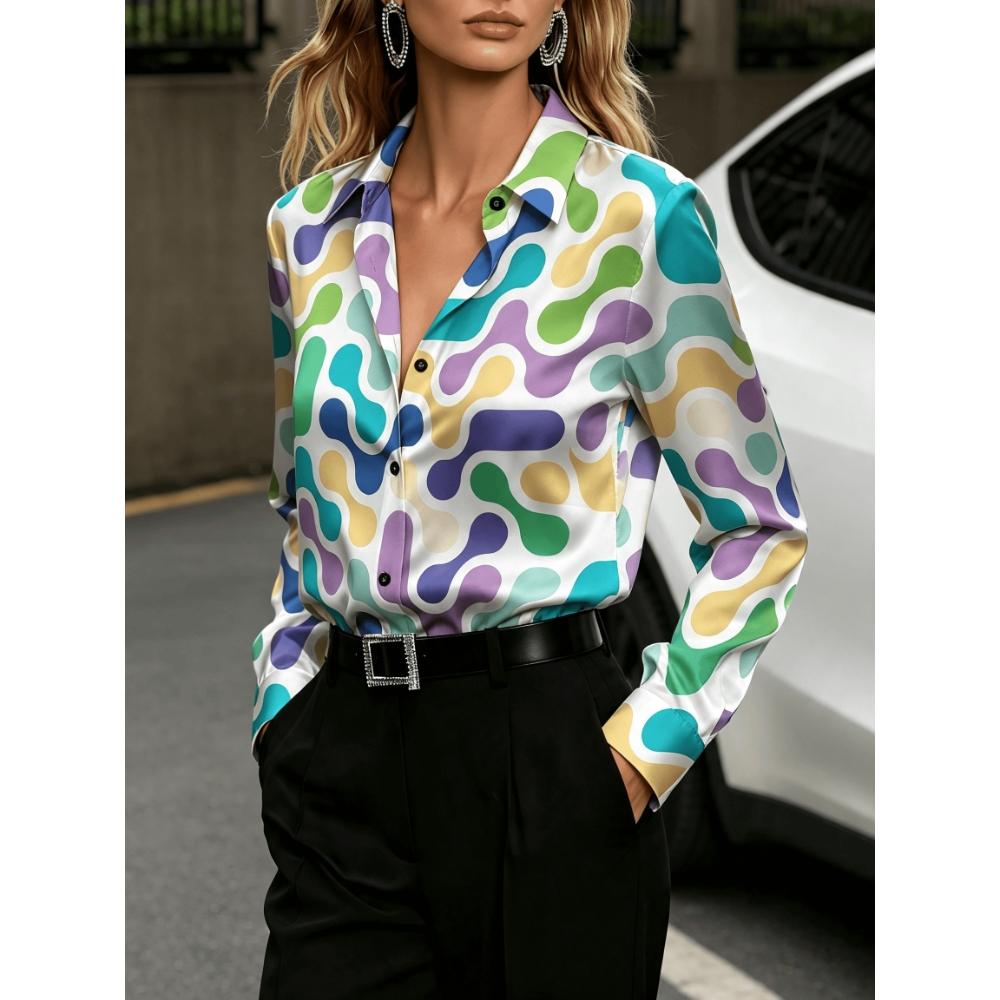 Women Satin Lapel Collar Long Sleeve Shirt Colorful Geometric Wave Print Elegant Commuter Blouse