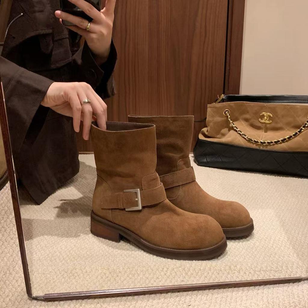 Cowhide version~ Grape mother same height increase 4.5cm Maillard Martin boots women's Korean round head buckle belt thick heel short boots